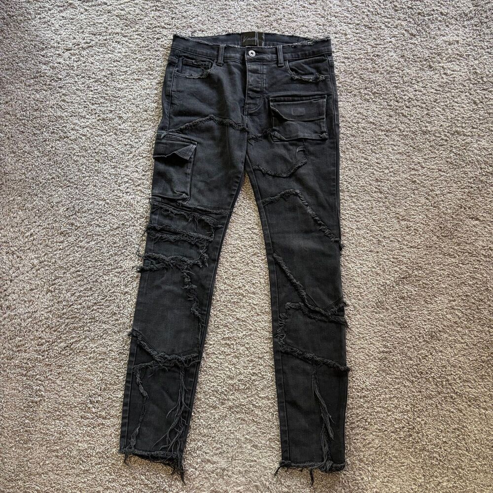 Valabasas Distinct Denim Jeans Jet Black Distressed Punk Skinny Mens 32 32x31